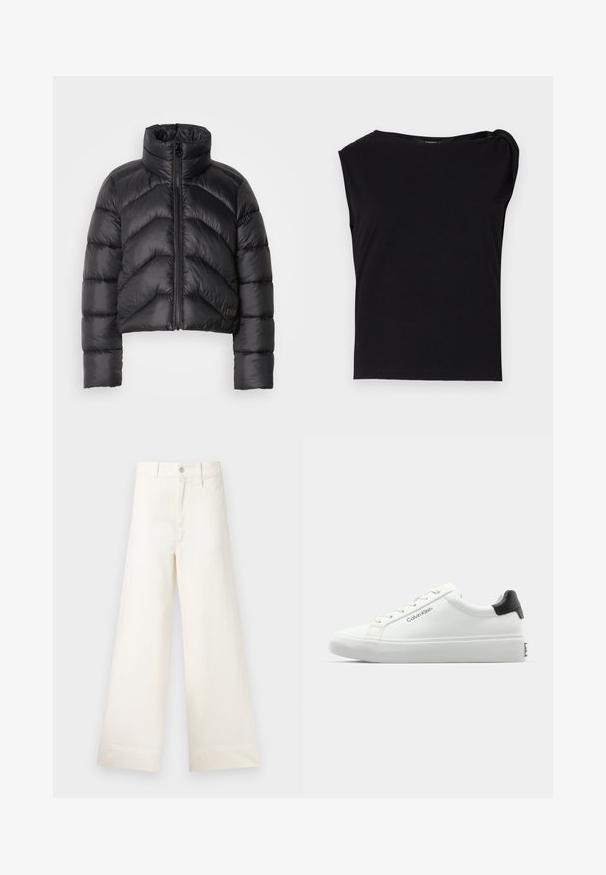 Casaco puffer preto cropped com gola alta, apresentando fecho em zip, costura em chevron e textura suave.; Top preto de manga curta feito de tecido suave. Apresenta um decote redondo e detalhe drapeado no ombro. Design simples e ajustado.; Calças largas em algodão bege claro. Apresentam uma cintura alta, bolsos frontais e um corte reto. Acabamento de bainha limpo, sem padrões.; Sapatilha branca com acabamento liso, detalhe preto no calcanhar e design com atacadores. Apresenta a marca "Calvin Klein" na lateral. Estilo minimalista.
