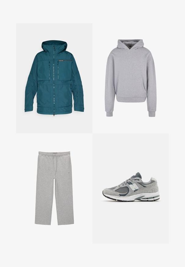 Teal vandtæt jakke med hætte, lynlåslukning foran og flere lynlåslommer. Har glat tekstur og justerbare manchetter.; Grå bomulds-hoodie med en frontlomme, snoretræk i hætten og ribbede manchetter og kant. Har en blød, tekstureret overflade.; Grå bomulds-loungebukser med elastisk talje, snor og to sidelommer; lige ben-design, blød tekstur, uden mønstre.; Grå sneaker med mesh og suede materialer, med et hvidt logo, polstret krave og tekstureret gummisål. Accenter i mørkere grå.