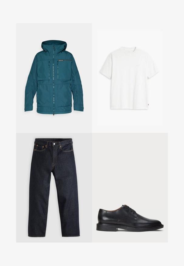 Giacca impermeabile color teal con cappuccio, chiusura anteriori con zip e diverse tasche con zip. Presenta una superficie liscia e polsini regolabili.; T-shirt bianca in cotone con maniche corte, colletto tondo e logo Levi's discreto stampato al centro. Texture morbida e vestibilità standard.; Jeans in denim blu scuro con taglio dritto, cinque tasche, cuciture arancioni a contrasto e chiusura con bottone. Nessun motivo o decorazione visibile.; Scarpa da uomo in pelle nera con punta rotonda, design con lacci e tacco basso impilato. Texture liscia con dettagli di cucitura minimi.