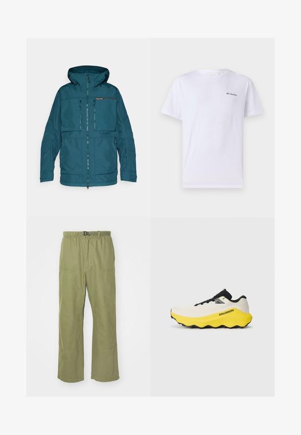 Mėlynas vandeniui atsparus džemperis su gobtuvu, užtrauktuko priekis ir kelios kišenės su užtrauktukais. Pasižymi lygiu paviršiumi ir reguliuojamais rankogaliais.; Balta medvilninė marškinėliai suapvalintu kaklu ir trumpomis rankovėmis, ant kairiojo krūtinės kampo esantis mažas juodas Columbia logotipas.; Šviesiai alyvuogių spalvos medvilniniai kelnių. Jie turi laisvą kirpimą, elastingą juosmenį su sagtimi ir dvi priekines kišenes.; Bėgimo bateliai su balto tinklo viršumi, geltonu tarpu, juodais akcentais ir guminėmis pado dalimis, turinčiomis tekstūruotą sukibimą. Rodyklė "SALOMON".