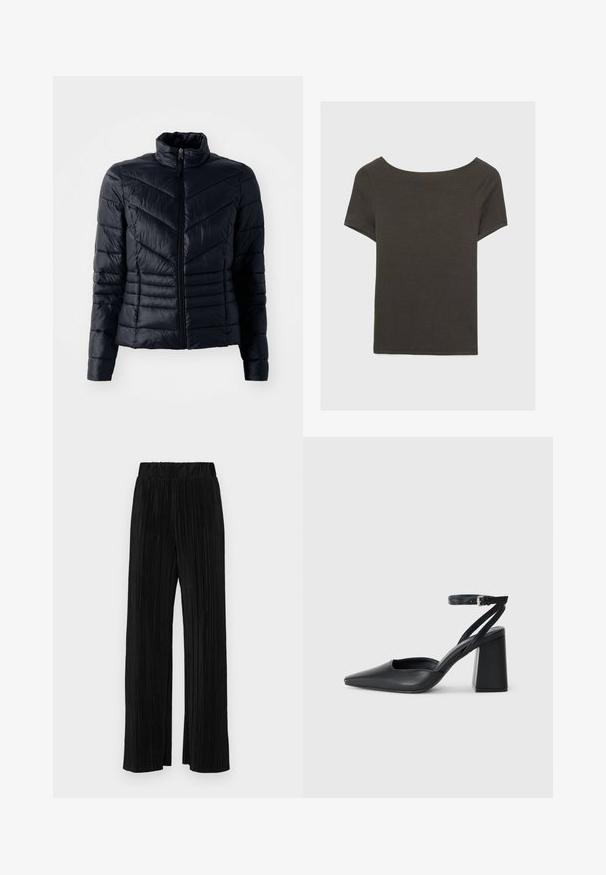 Crna podstavljena jakna s uspravnim ovratnikom, s chevron šavovima i zatvaranjem na patentni zatvarač, izrađena od glatkog, laganog materijala.; Tamno sivi kratki rukav s izrezom u obliku čamca. Izrađen od rebrastog materijala, s opuštenim krojem i ravnim rubom. Jednostavan dizajn, bez uzoraka.; Crne plisirane hlače s elastičnim pojasom. Imaju široke nogavice i glatku, teksturiranu tkaninu s vertikalnim prugama.; Crne kožne cipele s špicastim vrhom, remenom oko gležnja i debelim potplatom. Ravna tekstura, elegantan dizajn i minimalistička estetika.