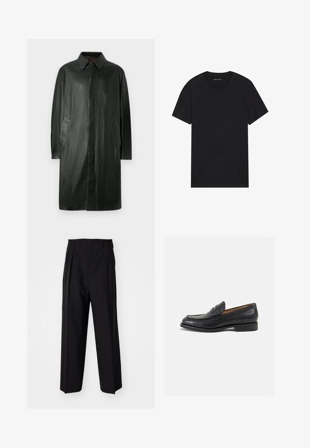 Palton din piele neagră cu guler, mâneci lungi și buzunare laterale. Textură netedă și design drept.; Tricou din bumbac negru, cu mâneci scurte și decolteu rotund. Materialul are o textură netedă și un design simplu, uni.; Pantaloni negri plisat cu un design drept și pantaloni largi. Construiți dintr-un material neted, prevăzuți cu închidere cu nasture și bucle pentru curea.; Mocasini din piele neagră cu o finisare netedă, vârf rotund și cusături decorative pe partea superioară. Toc mic și stivuit, cu o ușoară strălucire.