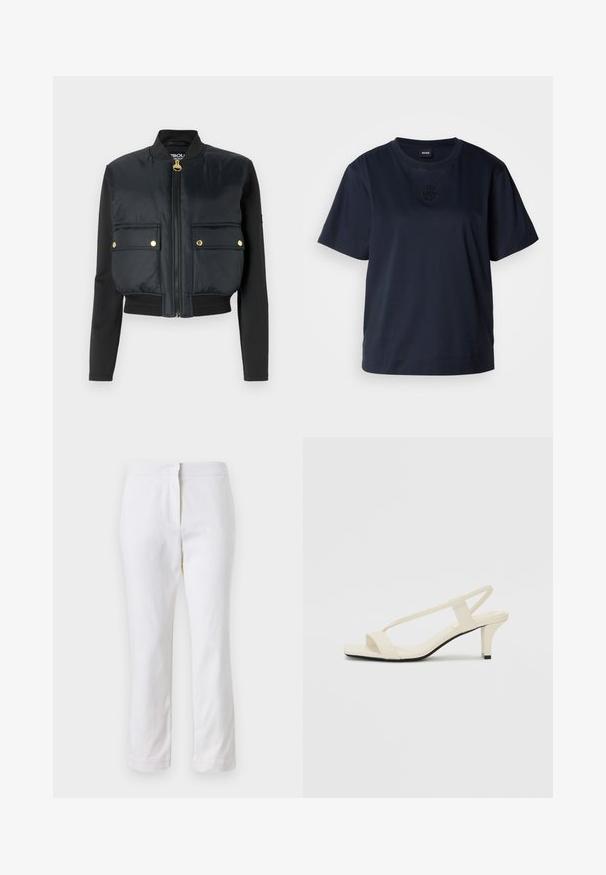 Padded black bomber jacket with long black sleeves, gold hardware accents, zip closure, and two front pockets with snap buttons.; Navy blue short-sleeve t-shirt made of soft cotton. Features a rounded neckline and a subtle embroidered logo on the chest.; White cotton pants with a straight leg design, featuring a mid-rise waist and no visible hardware or patterns. Smooth texture throughout.; Beige block-heeled sandals with thin straps and a square toe. Smooth material with minimal detailing, designed for easy wear.