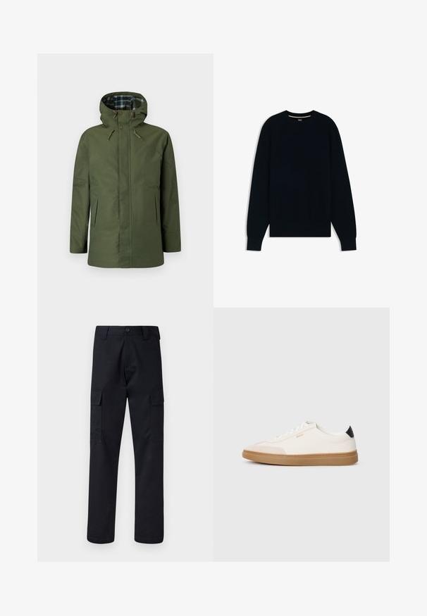 Olive green waterproof jacket with a hood, featuring a plaid inner lining, side pockets, and button accents on the front.; Dark navy knitted sweater with a textured pattern. Features a round neckline and ribbed cuffs and hem for a fitted appearance.; Black cargo pants made of sturdy fabric, featuring a straight-leg cut, two side pockets, and a button closure at the waistband.; White sneakers with beige accents, smooth leather upper, rounded toe, and rubber gum sole, featuring a black heel tab and subtle branding.