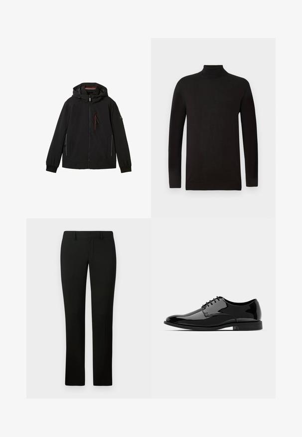 TOM TAILOR MIT KAPUZE - Outdoorjacke - black; Schwarzer Rollkragenpullover aus weichem Strickmaterial. Mit langen Ärmeln und einer taillierten Passform, einem gerippten Kragen und Saum. Minimale Branding.; Schwarze Hosen mit taillierter Passform, die eine glatte Textur und einen geraden Beinanschnitt aufweisen. Der Bund hat Gürtelschlaufen und eine saubere Verarbeitung.; Schwarze Lackleder-Schuh mit abgerundetem Zeh, Schnürdesign und glatter, glänzender Oberfläche. Verfügt über eine flache Gummisohle.