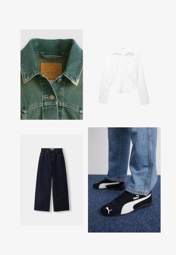 Denim takki vaaleansinisestä teal-väristä, jossa on terävä kaulus, hopeiset nappikiinnitykset ja nahkaleima, joka sisältää brändin tiedot.; Valkoinen pitkähihaisten naisten istuva nappipaita, jossa on kaulus, hillitty sauman yksityiskohtia ja hieman kaareva helma.; Tummansiniset farkut, joissa on leveät lahkeet ja korkea vyötärö, viisi taskua, kontrastiväriset saumat ja hopeiset metalliosat. Sileä pinta ja siisti viimeistely.; Mustat mokkanahkaiset lenkkarit valkoisilla yksityiskohdilla, joissa on kultainen logo. Yhdistetty vaaleansinisiin farkkusiin ja asetettu tekstuuripintaiseen siniseen taustaan.