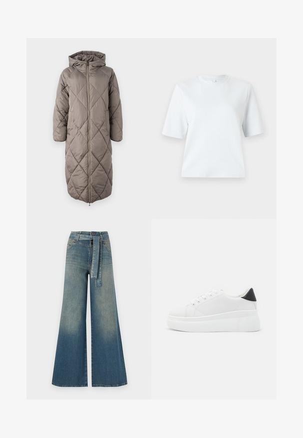 Dolga, kapuco pufasta plašč v umirjeni taupe barvi, z diamantnim prešitjem, sprednjim zadrgo in elastičnimi manšetami za izolacijo.; Svetlo modra kratka majica z napolnjenimi rokavi, izdelana iz mehkega bombaža. Ima klasičen okrogli izrez in sproščen kroj, brez vzorcev ali dodatkov.; Široke jeans hlače z gradientom od svetlo do temno modre, visokim pasom, zankami za pas in pasom iz istega materiala. Tekstura denim končnica.; Bele platform tenisice izdelane iz gladkega sintetičnega materiala, z zaobljenim prstom, sistemom vezalk in teksturiranim gumijastim podplatom. Črn dodatek na peti.