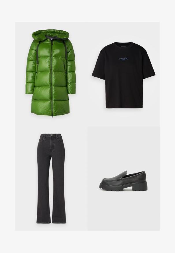Groene pufferjas met een capuchon. Beschikt over een glanzende, soepele textuur, een zwarte rits en verstelbare banden. Boxy vorm met een knielange snit.; Zwart katoenen T-shirt met ronde hals, korte mouwen en blauw geborduurd "Calvin Klein JEANS" logo op de voorkant.; Zwarte hoge taille flared jeans van denim, met een knoopsluiting, riemlussen en zijzakken. Gladde textuur met minimale vervaging.; Zwarte leren instappers met een ronde neus, dikke getextureerde zool en minimale stikseldetails. Strak ontwerp zonder zichtbare veters of hardware.