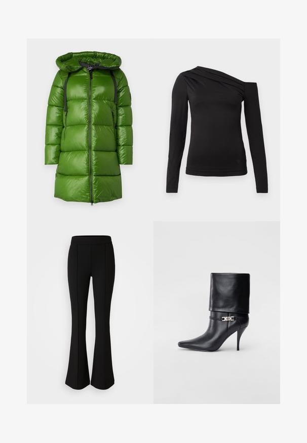 Geacă puf verde cu glugă. Are o textură lucioasă și netedă, fermoar negru și curele ajustabile. Formă pătrată cu un croi până la genunchi.; Top negru cu mâneci lungi și decolteu asimetric, având un umăr expus și drapaj delicat pe piept.; Pantaloni negri evazați, realizați dintr-un material elastic cu o textură netedă, având detalii cusute pe față pentru un plus de design.; Botine negre din piele, cu vârf ascuțit, toc înalt și subțire, cu manșetă pliată și un detaliu decorativ cu cataramă aurie la gleznă.