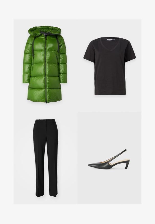 Zielona kurtka puchowa z kapturem. Posiada błyszczącą, gładką strukturę, czarny zamek oraz regulowane paski. Prosta sylwetka z długością do kolan.; Czarna bawełniana koszulka z dekoltem w serek i krótkimi rękawami. Prosty design o regularnym kroju bez wzorów ani dodatków.; Czarne spodnie o dopasowanym kroju z prostymi nogawkami, o gładkiej fakturze i wyraźnych zagięciach z przodu. Bez widocznych elementów metalowych.; Czarny but na obcasie typu slingback z ostro zakończonym noskiem, z niskim obcasem, wykonany z gładkiej skóry, z wycięciem po boku dla lepszej wentylacji.