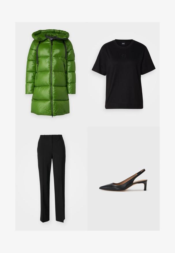 Grüner Puffer-Mantel mit Kapuze. Besitzt eine glänzende, glatte Textur, einen schwarzen Reißverschluss und verstellbare Riemen. Kastenförmiger Schnitt mit knielanger Länge.; Schwarzes Baumwoll-T-Shirt mit Rundhalsausschnitt, kurzen Ärmeln und aufgesticktem Logo auf der Brust. Einfacher, lässiger Schnitt ohne Muster.; Schwarze, taillierte Hose mit geradem Bein, aus einem glatten Stoff und mit klaren Falten an der Vorderseite. Keine sichtbare Hardware.; Schwarze Leder-Slingback-Pumps mit spitzer Zehenform, niedrigem Absatz und glatter Textur. Verfügt über einen dünnen, verstellbaren Riemen für einen sicheren Sitz.