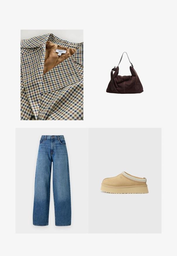 Ruudullinen bleiseri, jossa on vaaleanruskea vuori. Kuosi koostuu sinisistä, ruskeista ja kermaista ruudusta, kauluksessa on viilto ja napitus.; Harmaa neulecardigan pyöreällä kaula-aukolla, etuvihkimyspainikkeilla ja ribbadut hihansuut. Ominaisuuksiin kuuluu rento istuvuus ja pehmeä rakenne.; Kaksi tavallista valkoista pitkähihalaista crewneck-paitaa, kerrostettuna siten, että toinen on hieman edessä toista valkoisella taustalla.; Löysät siniset farkut, joissa on klassinen viiden taskun muotoilu. Varustettu napin suljennalla ja kevyellä haalistumisella rakenteen vuoksi.; Vaaleanruskeat mokka-slip-on-kengät, joissa on pehmustettu kaulus ja teksturoitu vaaleansininen yksityiskohta. Ominaisuuksiin kuuluu paksu, kestävä pohja, jossa on kuvioitu kulutuspinta.; Tummanruskea mokkainen hobo-olkalaukku, jossa on leveä säädettävä nahkaremmi ja pehmeä, rosoinen muoto valkoista taustaa vasten.