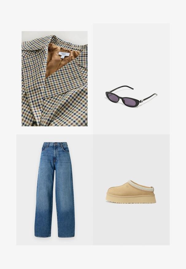 Karierter Blazer mit leicht beigem Innenfutter. Das Muster besteht aus blauen, braunen und cremefarbenen Karos, mit einem eingeschnittenen Kragen und einer Knopföffnung.; Grauer gestrickter Cardigan mit Rundhalsausschnitt, vorderer Knopfverschluss und gerippten Bündchen. Verfügt über eine lockere Passform und eine weiche Textur.; Zwei schlichte weiße Langarmshirts mit Rundhalsausschnitt, übereinander gestapelt, eines leicht vor dem anderen auf einem weißen Hintergrund.; Weite blaue Denim-Jeans mit klassischem Fünf-Taschen-Design. Mit Knopfverschluss und leichter Ausbleichung für eine angenehme Textur.; Beige Wildleder Slipper mit gepolstertem Kragen und strukturiertem hellblauen Akzent. Verfügt über eine dicke, strapazierfähige Außensohle mit gemusterter Profilierung.; Gucci Sonnenbrille - black/grey; Dunkelbraune Wildleder-Hobo-Schultertasche mit breitem, verstellbarem Ledertragegurt und weichem, lässigem Körper vor weißem Hintergrund.