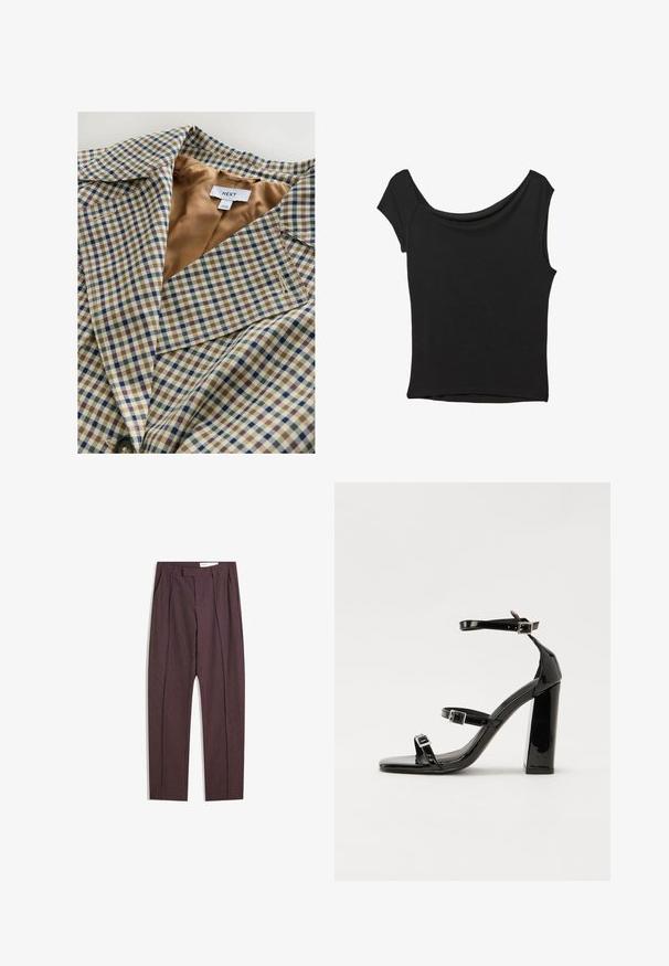 Geruiten blazer met een licht tan voering. Het patroon bestaat uit blauwe, bruine en crème vlekken, met een notch-kraag en knoopsluiting.; Zwart korte mouwen top gemaakt van een gladde stof; met een gedrapeerde halslijn en een asymmetrische zoom, met een getailleerd lijfje.; Paarse gestreepte broek met plooien, met een hoge taille en rechtlopende pasvorm. Gemaakt van een gladde, textuurstof.; Zwarte gepatenteerde sandalen met hak en een vierkante neus, enkelbandjes en zilveren gespen. Heeft een stevige blokhak voor stabiliteit.