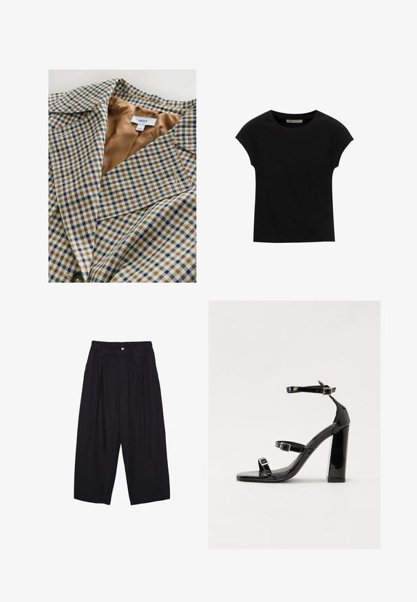 Checkered blazer featuring a light tan lining. The pattern consists of blue, brown, and cream checks, with a notched collar and button closure.; Black short-sleeve t-shirt made of soft fabric, featuring a round neckline and a relaxed fit, with a smooth texture and no patterns.; Black polyester culotte pants with an elastic waistband, two front pleats, and a loose silhouette. No visible patterns or hardware details.; Black patent heeled sandals with a square toe, ankle straps, and silver buckles. Features a chunky block heel for stability.