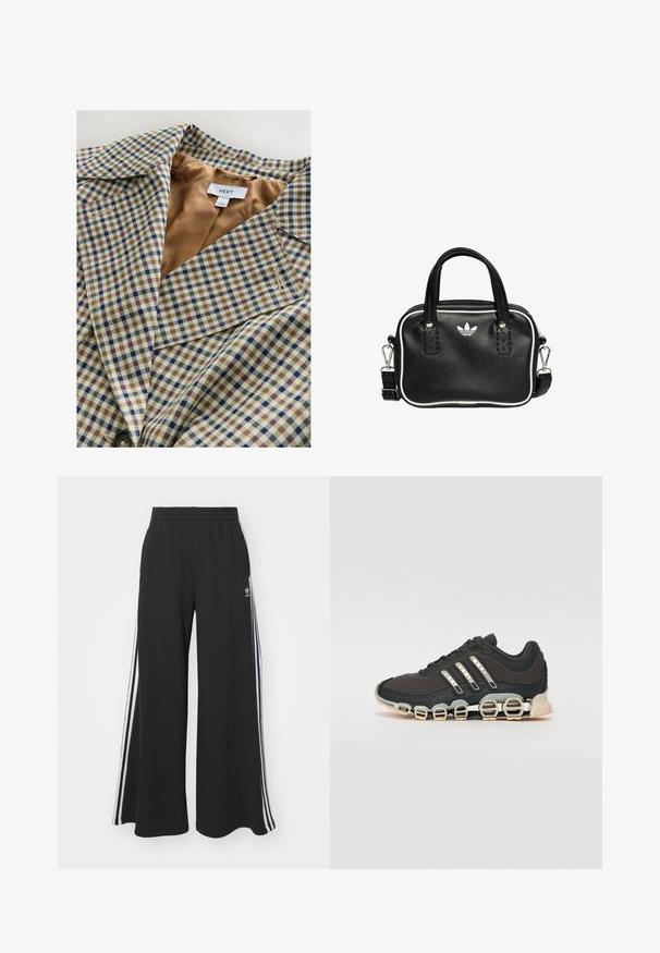 Blazer a scacchi con una leggera fodera color beige. Il motivo è composto da scacchi blu, marroni e crema, con colletto a punta e chiusura con bottone.; T-shirt in cotone nero con maniche corte, caratterizzata da una grande grafica argento e marrone del logo Adidas e delle tre strisce frontali.; Pantaloni in felpa neri a gamba larga con vita elastica, dotati di strisce bianche sui lati e un logo ricamato sulla coscia sinistra.; Scarpa da ginnastica nera con tomaia testurizzata, tre strisce argentate e una suola ammortizzata distintiva con più sezioni integrate.; Borsa a mano in pelle nera con due manici corti, hardware argentato, dettagli bianchi e un logo bianco. Presenta una superficie strutturata e un design compatto.