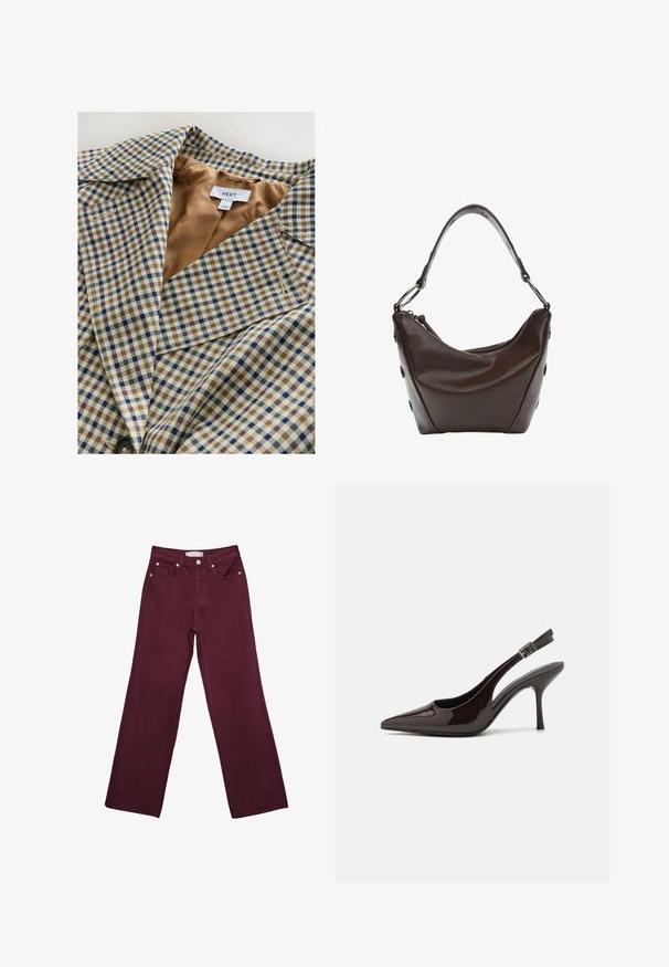 Karirani blazer z lahkim tan podloženjem. Vzorec vsebuje modre, rjave in smetanaste karirice, z izrezanim ovratnikom in gumbom za zapiranje.; Bordo kratka majica z dolgimi rokavi iz mehkega bombaža. Ima klasičen krogec za vrat in sproščen kroj. Enostavna tekstura, brez vzorcev ali dodatkov.; Bordo visokokotne traperice s ravnim nogavicam, ki vključujejo sprednje žepke, gumbasto zapiranje in detajle iz bakrenega tona.; Slingback visoke pete v sijajni temno rjavi lak koži, koničastim nosom, odprtimi stranmi in nastavljivim gležnjenčkim trakom.; Temna rjava usnjena torbica s ukrivljeno obliko, z zadrgo in kratko ročico. Ima kovinske dodatke in okrasne črne gumbe na strani.