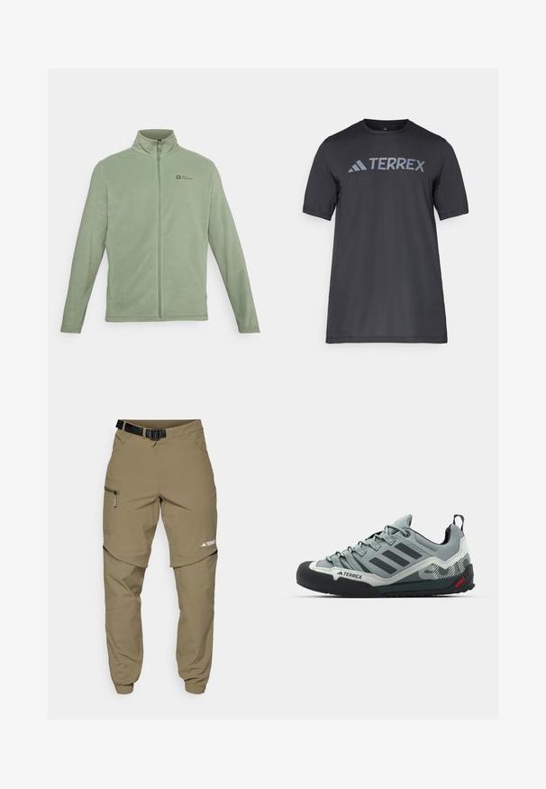 Chaqueta de forro polar en verde claro, con cuello alto, cremallera de longitud completa y bolsillos laterales. Logo en la parte superior izquierda del pecho.; Camiseta negra de manga corta hecha de un tejido ligero, con un logotipo en gris claro "TERREX" en el pecho y cuello redondo.; Pantalones de campo color caqui con un cinturón negro ajustable, bolsillos con cremallera, puños ajustados y piernas inferiores desmontables para un estilo versátil.; Zapatos de escalada grises con un upper texturizado, punta de goma negra, tres rayas oscuras y un pequeño acento rojo en la suela.