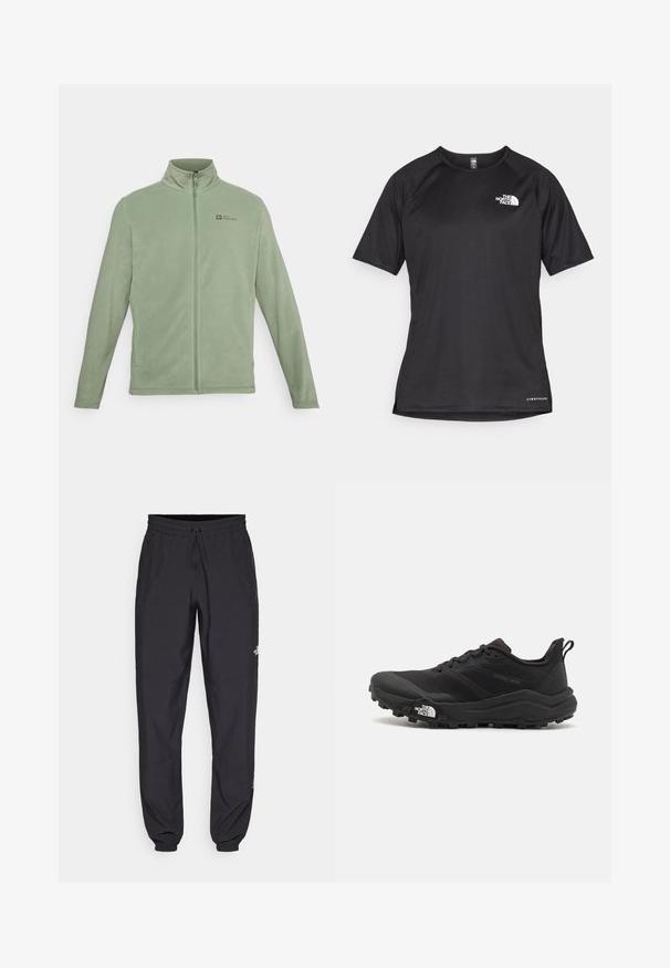 Fleecejacke in Hellgrün mit hohem Kragen, durchgehendem Reißverschluss und seitlichen Taschen. Logo auf der oberen linken Brustseite.; Schwarzes kurzärmliges Sportshirt aus strukturiertem Stoff, mit einem weißen Logo auf der linken Brust und einem geraden Saum.; Schwarze Sporthosen aus leichtem Stoff, mit einem Kordelzugbund, seitlichen Taschen und schmal zulaufenden Bündchen an den Knöcheln.; Schwarzer Trailrunning-Schuh mit strukturiertem Obermaterial, Gummisohle und verstärkter Zehenkappe. Verfügt über einen gepolsterten Kragen und eine Ziehlasche für einfaches Anziehen.