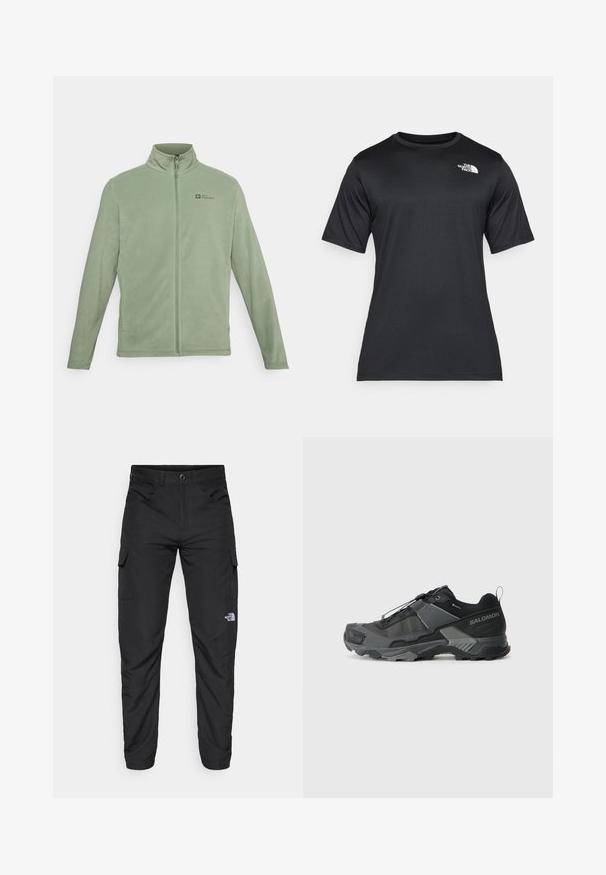 Fleecejack in lichtgroen, met een hoge kraag, volledige rits en zijzakken. Logo op de bovenste linkerkant van de borst.; Zwart T-shirt met korte mouwen, gemaakt van lichtgewicht, vochtafvoerende stof. Heeft een wit logo op de linkerborst en een ronde halslijn.; The North Face HORIZON PANT - Outdoorbroeken - black; Zwarte trailhardloopschoenen met een duurzame mesh bovenkant, versterkte neuskap, gestructureerde rubberen zool en elastisch vetersysteem voor een veilige pasvorm.
