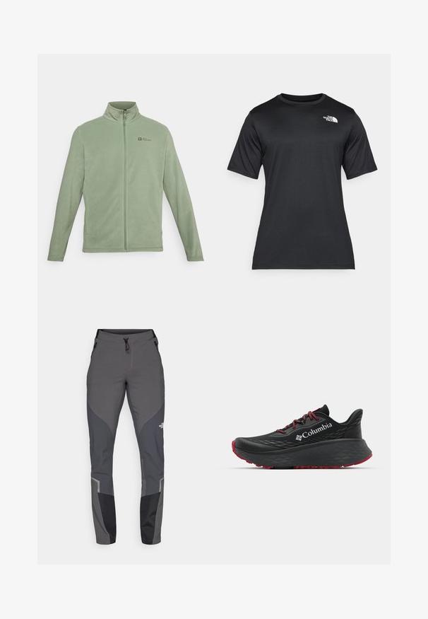 Világoszöld fleece dzseki, magas gallérral, teljes hosszúságú cipzárral és oldalsó zsebekkel. Logó a bal felső mellkasi részen.; Fekete, rövid ujjú póló, könnyű, nedvességelvezető anyagból készült. Bal oldalon fehér logóval rendelkezik, és kerek nyakú.; Szürke túranadrág, amely tapered dizájnt, több zsebet és kontrasztos sötétszürke és fekete éleket tartalmaz. Rugalmas, tartós anyagból készült.; Fekete sportcipő texturált felsőrésszel, piros fűzőkkel és logóval. Vastag talp, mintás járófelülettel a tapadásért. Minimalista dizájn, oldalnézet.
