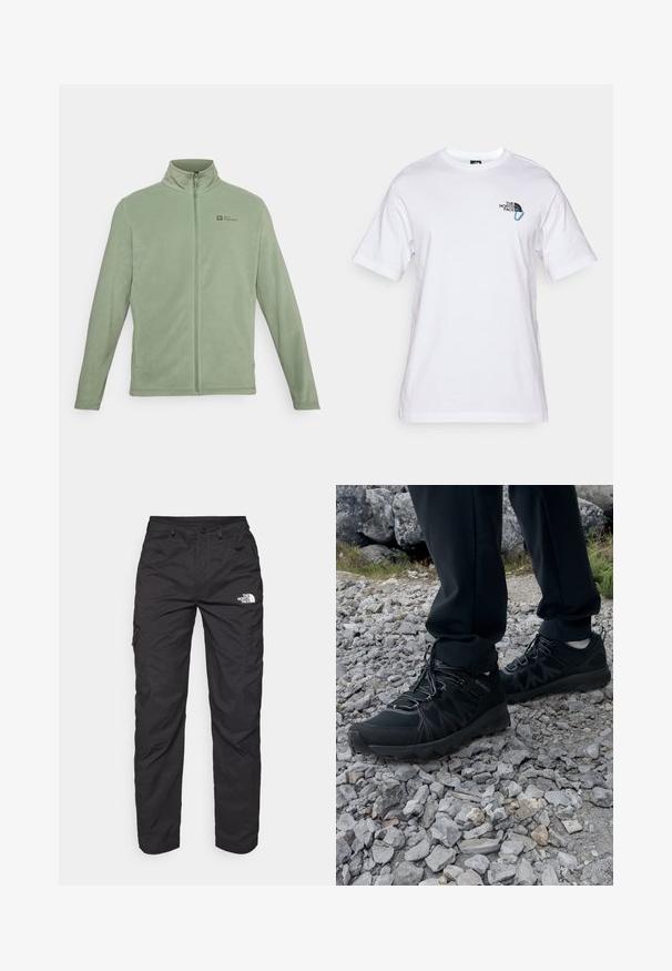 Fleecejacke in Hellgrün mit hohem Kragen, durchgehendem Reißverschluss und seitlichen Taschen. Logo auf der oberen linken Brustseite.; The North Face EXPLORE CARABINER RELAXED TEE UNISEX - T-Shirt print - white; Schwarze Cargohosen aus leichtem Stoff. Mit seitlichen Reißverschlusstaschen und einem Logo am linken Oberschenkel. Gerade Beinform.; Schwarze Outdoor-Schuhe aus Mesh und synthetischem Material, mit einer strukturierten Oberseite, gesichertem Schnürsystem und griffiger Laufsohle, auf felsigem Gelände.