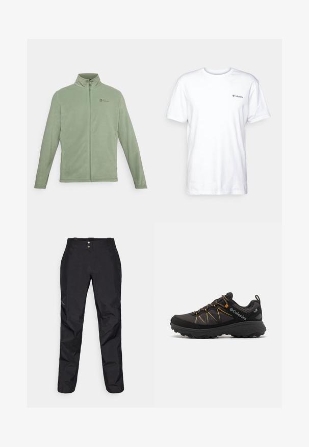 Fleecejack in lichtgroen, met een hoge kraag, volledige rits en zijzakken. Logo op de bovenste linkerkant van de borst.; Witte katoenen t-shirt met korte mouwen, ronde hals en een klein zwart Columbia-logo op de linkerborst. Zacht, eenvoudig ontwerp.; Zwarte waterdichte broek met een gladde textuur, voorzien van twee knopen aan de voorkant en een tappere pijpdesign. Geaccentueerd met een logo aan de zijkant.; Zwarte wandelschoen met een bovenwerk van mesh, gele accenten, dikke rubberen zool en getextureerde details. Beschikt over een versterkte teenkap en veters.