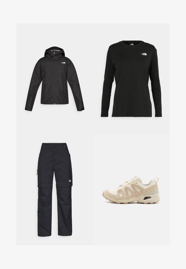 The North Face WHITON JACKET - Hardshell striukė - black; Juodas ilgomis rankovėmis medvilninis marškinėliai su apvali apykakle. Savybė - mažas baltas logotipas kairėje krūtinės pusėje. Paprastas dizainas ir pritaikymas.; Juodos nailoninės krovinių kelnės su reguliuojamais rankovėmis, daugybe kišenių ir logo ant dešinės kojos. Lygi, lengva tekstūra.; Bežinės ir kreminės spalvos sportinės bateliai su tekstūruoto tinklelio viršutine dalimi, palaikančiomis detalėmis ir guminiais padais, turinčiais raštą, užtikrinantį sukibimą.