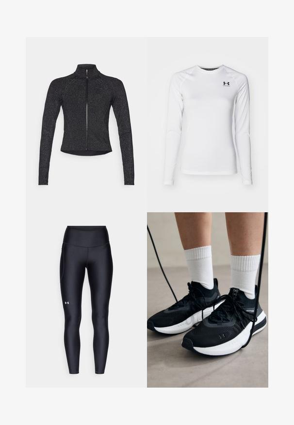 Czarna sportowa kurtka z długimi rękawami, pół-zamkiem z przodu, teksturowanym materiałem i subtelnym metalicznym połyskiem. Posiada dopasowany krój i wysoki kołnierz.; Biała, sportowa koszulka z długim rękawem, wykonana z gładkiego materiału, z okrągłym dekoltem i czarnym logo na górnej lewej części klatki piersiowej.; Czarne legginsy wykonane z gładkiego, elastycznego materiału z wysokim stanem. Posiadają białe logo na lewym udzie oraz dopasowany krój.; Czarne buty sportowe z teksturowanym materiałem, białą podeszwą i czarnymi sznurowadłami. Nosi je osoba w białych skarpetkach w prążki, stojąca na jasnej powierzchni.