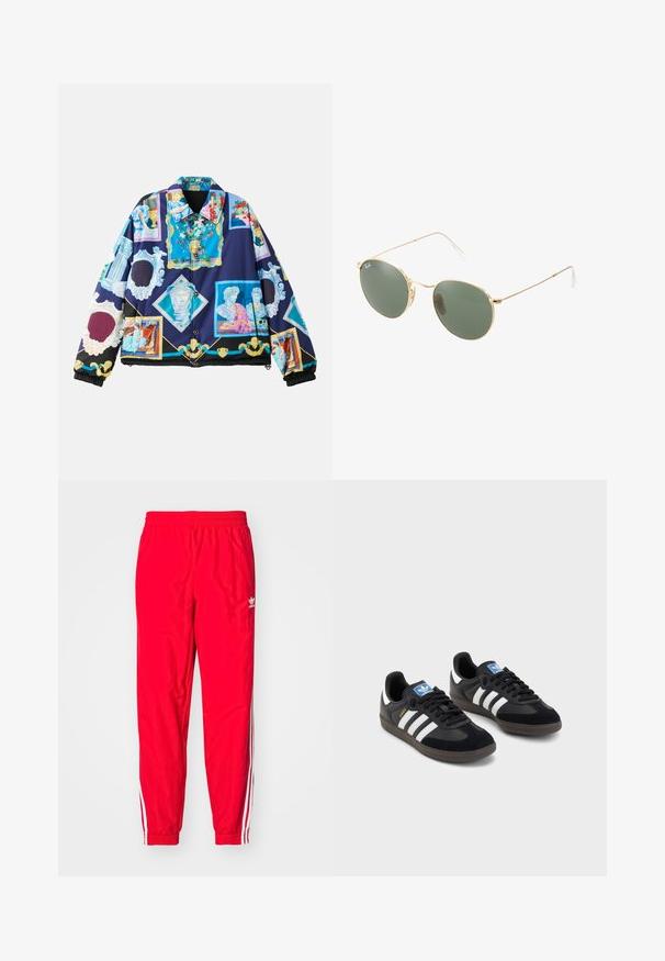 Jachetă căptușită cu un design grafic vibrant și intricată, care prezintă motive din arta clasică pe un fundal albastru închis. Manșete și tiv elastic negre.; Tricou alb din bumbac, cu guler rotund, mâneci scurte și croială lejeră. Dispune de un design simplu, fără modele sau accente.; Pantaloni atletici roșii cu un brâu elastic, accente albe cu dungi pe laturi și un mic logo alb pe coapsa stângă.; Tenisi negri cu superior din suede și sintetic, având trei dungi albe, talpă din cauciuc texturat și etichetă albastră cu logo pe limbă.; Ochelari de soare cu ramă metalică aurie, cu lentile verzi, de formă rotundă, cu temple subțiri și accente din plastic alb la vârfurile brațelor.