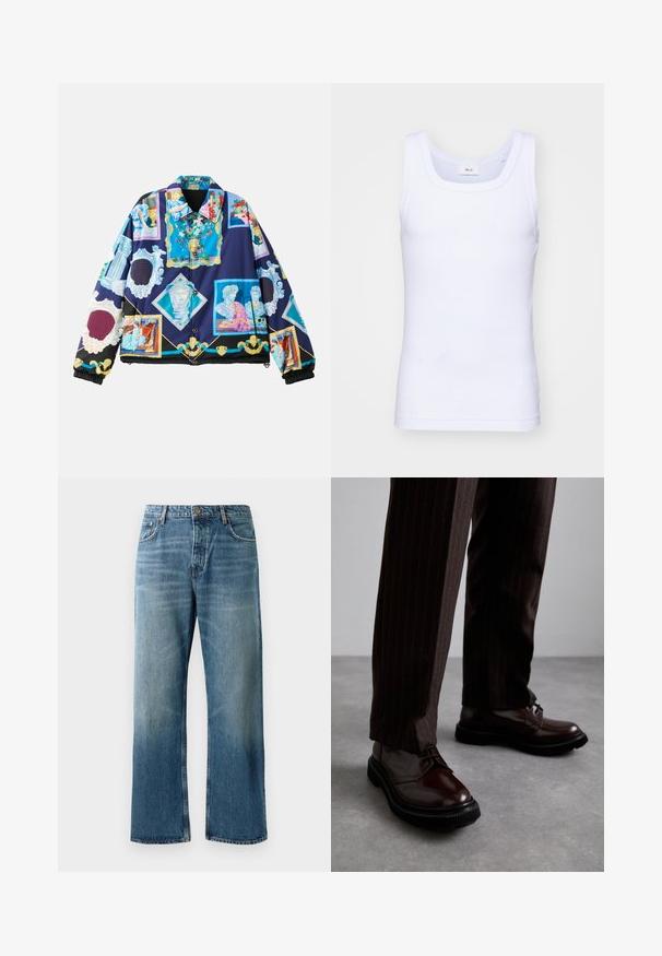 Chaqueta acolchada con un diseño gráfico vibrante e intrincado que presenta motivos de arte clásico sobre un fondo azul oscuro. Puños y dobladillo elásticos en negro.; Camiseta sin mangas de algodón blanca con escote redondo, que presenta una textura suave y una forma ajustada, diseñada para el uso casual.; Jeans de pierna ancha en azul claro con un acabado desgastado, que cuentan con cierre de un solo botón, cinco bolsillos y costuras contrastantes.; Zapatos de cuero marrón con cordones y un acabado brillante, suela de goma negra y costuras sutiles. Llevados con pantalones marrón de rayas.