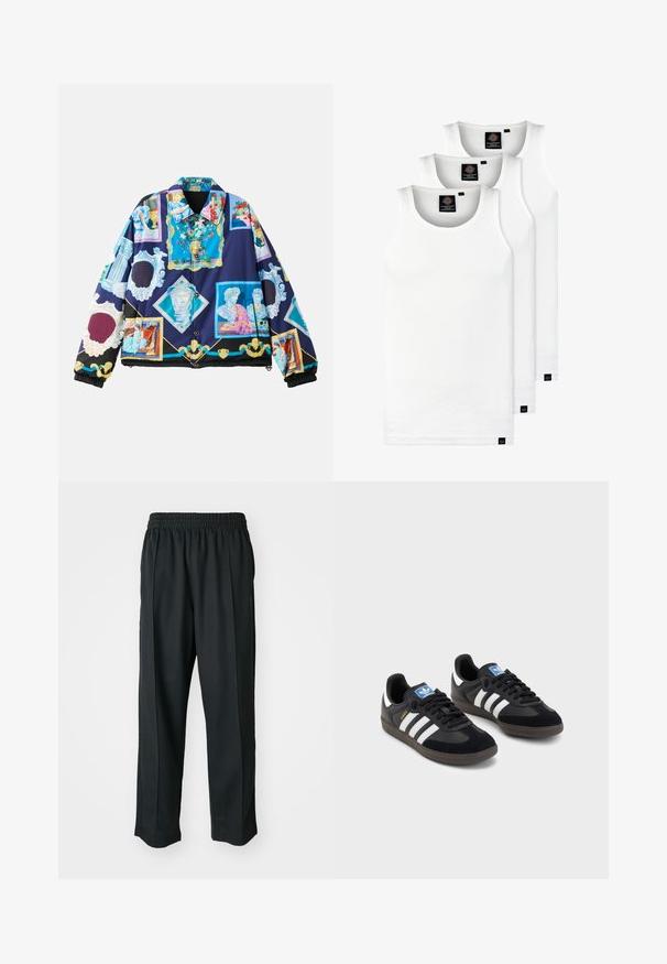 Giacca imbottita con un vivace e intricato design grafico che presenta motivi di arte classica su uno sfondo blu scuro. Polsini e orlo elasticizzati neri.; Tre canotte bianche a coste in cotone. Presentano un colletto rotondo e piccole etichette nere vicino all'orlo. Disponibile in diverse taglie.; Pantaloni sportivi neri con vita elastica, realizzati in tessuto liscio, con cuciture laterali sottili e un fit rilassato, design a gamba dritta.; Sneakers neri con tomaia in suede e materiale sintetico, caratterizzati da tre strisce bianche, suola in gomma testurizzata e etichetta blu sul linguetta.