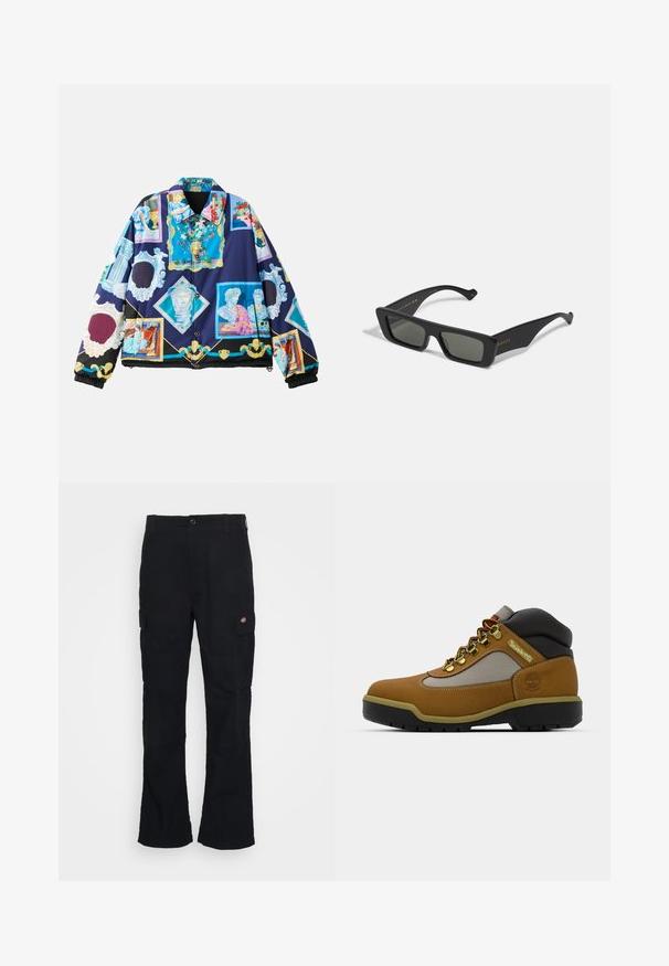 Chaqueta acolchada con un diseño gráfico vibrante e intrincado que presenta motivos de arte clásico sobre un fondo azul oscuro. Puños y dobladillo elásticos en negro.; Camiseta blanca de algodón con mangas cortas, cuello redondo, corte relajado y sin logotipos ni patrones visibles. Textura suave y diseño minimalista.; Pantalones cargo negros con un diseño de pierna recta, hechos de tela duradera, con bolsillos laterales y un logo de parche en el lado izquierdo.; Bota de senderismo marrón con acentos grises y negros, upper de cuero texturizado, ojales de metal y una suela de goma resistente para tracción.; Gafas de sol rectangulares negras con lentes oscuros, hechas de plástico suave. Presentan lettering dorado en el lateral, brazos elegantes y un diseño moderno.