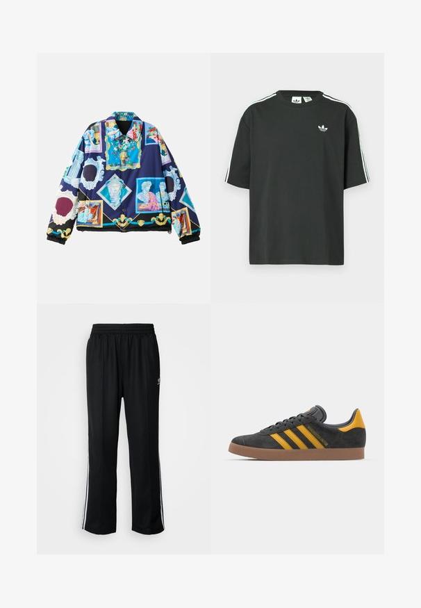 Giacca imbottita con un vivace e intricato design grafico che presenta motivi di arte classica su uno sfondo blu scuro. Polsini e orlo elasticizzati neri.; Maglietta nera in cotone con maniche corte, scollo rotondo e dettagli bianchi a tre strisce sulle spalle. Presenta un piccolo logo bianco sul petto.; Pantaloni da allenamento neri con elastico in vita, dotati di bande laterali bianche e un piccolo logo. Il materiale sembra morbido e leggero.; Sneaker in suede nero con dettagli gialli, dotato di tre strisce e una suola in gomma marrone. Include una linguetta imbottita per il comfort.