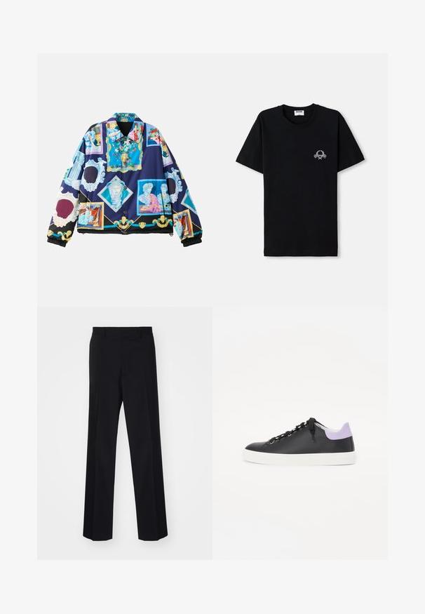 Jachetă căptușită cu un design grafic vibrant și intricată, care prezintă motive din arta clasică pe un fundal albastru închis. Manșete și tiv elastic negre.; Tricou din bumbac negru cu guler rotund. Prezintă un mic design grafic alb pe piept. Mâneci scurte și tiv drept.; Pantaloni negri, croiți pe baza unei linii elegante, cu un design cu picioare largi, având o textură netedă și pliuri bine definite, fabricați dintr-un material țesut.; Tenis cu piele neagră și talpă din cauciuc alb, având șireturi negre, gromete argintii și un accent de violet deschis la călcâi.