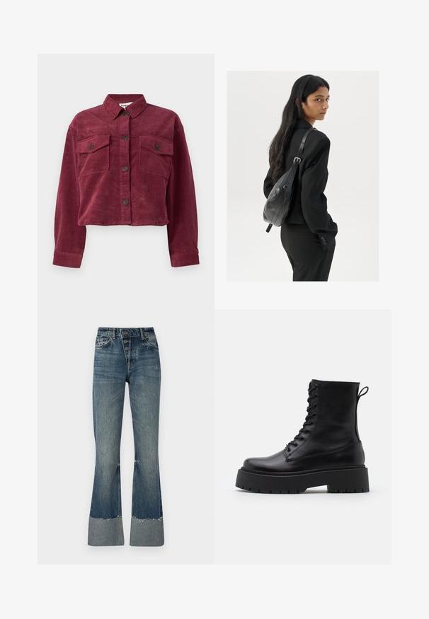 Burgundy corduroy cropped jacket with a collar, two front pockets, and button closure. Features textured fabric and long sleeves.; Teal pullover hoodie with a drawstring hood, long sleeves, and ribbed cuffs. Made of soft fabric with a relaxed fit.; Denim flared jeans in medium blue with a high waist, five buttons, and frayed hem. Features a lighter cuff at the bottom and faded texture.; Black leather ankle boots with a round toe, lace-up front, and a thick rubber sole featuring a textured tread. Pull tab at the back.; Woman with long dark hair wearing a black suit, carrying a black leather shoulder bag, looking over her shoulder against a white background.