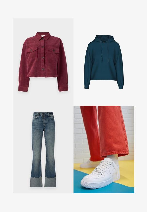 Burgundský kordový skrátený kabát s golierom, dvoma prednými vreckami a gombíkovým zapínaním. Obsahuje textúrovanú tkaninu a dlhé rukávy.; Tyrkysová mikina s kapucňou na šnúrku, dlhými rukávmi a rebrovanými manžetami. Vyrobená z jemnej látky s voľným strihom.; Džínsy s rozšírenými nohavicami v strednej modrej farbe s vysokým pásom, piatimi gombíkmi a rozstrapkaným lemom. Obsahujú svetlejší manžet na spodnej časti a vyblednutú textúru.; Biele kožené tenisky s perforovanou špičkou, textúrovanou podrážkou a bielymi šnúrkami, spárované so širokými červenými nohavicami na modrom a žltom pozadí.