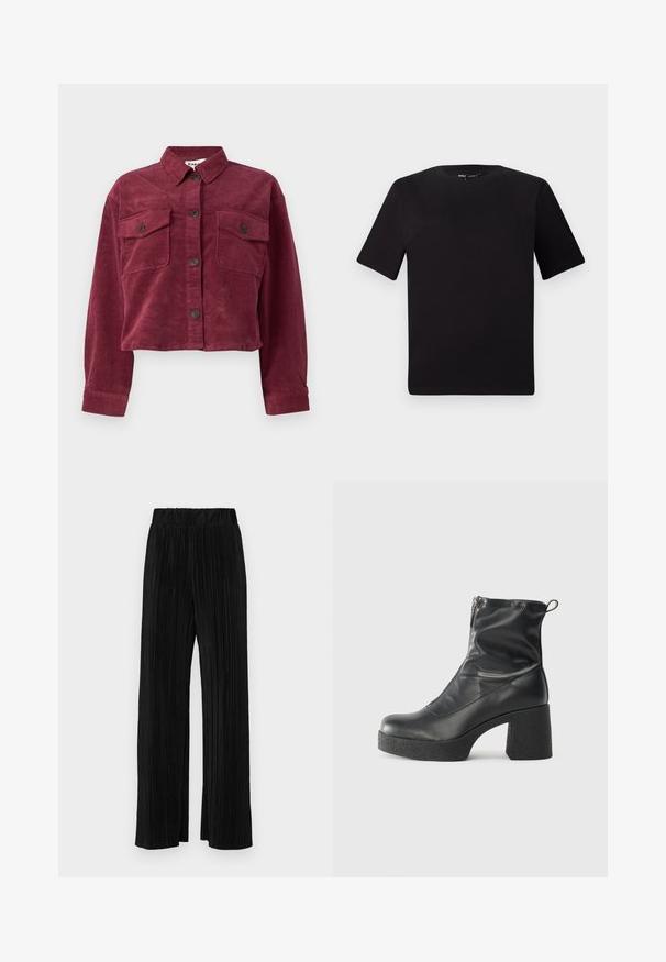 Bordowy, krokodyrowy krótki żakiet z kołnierzykiem, dwiema przednimi kieszeniami i zapięciem na guziki. Posiada teksturowany materiał i długie rękawy.; Czarna koszulka z krótkim rękawem o okrągłym dekolcie, wykonana z miękkiej bawełny. Prosty design, bez widocznych logo ani wzorów.; Czarne spodnie plisowane z elastycznym paskiem w talii. Posiadają szerokie nogawki oraz gładki, teksturowany materiał z pionowymi paskami.; Czarne botki za kostkę wykonane z gładkiej skóry, wyposażone w boczny zamek błyskawiczny, masywny teksturowany obcas oraz zaokrąglony czubek.