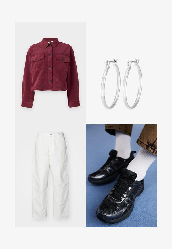 Bordowy, krokodyrowy krótki żakiet z kołnierzykiem, dwiema przednimi kieszeniami i zapięciem na guziki. Posiada teksturowany materiał i długie rękawy.; Przycięty top o prążkowanej fakturze w ciemnym granacie, z wysokim dekoltem i subtelnym logo Nike. Tkanina ma teksturowany, elastyczny wygląd.; Białe spodnie cargo wykonane z denimu, o luźnym kroju, z bocznymi kieszeniami i widocznymi detalami szwów. Gładki przód z zapięciem na guzik.; Czarne buty sportowe Nike mają siateczkową cholewkę z błyszczącymi akcentami, czarne sznurówki i teksturowaną podeszwę. Połączone z białymi, prążkowanymi skarpetami.; Srebrne kolczyki w formie kółek o gładkim, polerowanym wykończeniu. O okrągłym kształcie i pewnym zapięciu na klik. Lekka konstrukcja odpowiednia do codziennego noszenia.