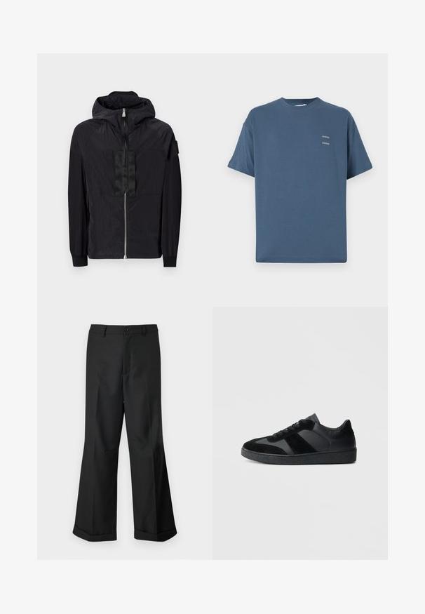 Čierna bunda vyrobená z ľahkej tkaniny má zips na prednej strane, nastaviteľnú kapucňu a textúrovaný dizajn s kontrastnou panelou na hrudi.; Modrá bavlnená tričko s klasickým okrúhlym výstrihom, krátkymi rukávmi, voľným strihom a dvoma malými potlačenými logami na hrudi. Hladká textúra.; Čierne nohavice s širokými nohavicami a gombíkovým pásom, s manžetami na koncoch, vystavené na jednoduchom bielom pozadí.; Čierne tenisky s kombináciou hladkej kože a semišu, s textúrovanou čiernou gumovou podrážkou a jemným prúžkovaným detailom.