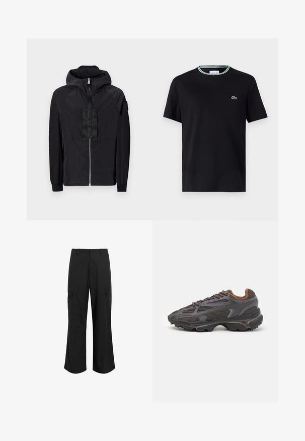 Juodas švarkas, pagamintas iš lengvos medžiagos, turi užtrauktuką priekyje, reguliuojamą kapisoną ir tekstūrinį dizainą su kontrastiniu panele ant krūtinės.; Juodas medvilnės marškinėliai su apvalia iškirpte, su baltomis ir žaliomis juostelėmis, ir išsiuvinėtu žaliu krokodilo logotipu kairiajame krūtinės šone.; Juodi cargo kelnės, pagamintos iš lengvos medžiagos, turinčios laisvą siluetą, dvi dideles šonines kišenes ir mygtuko užsegimą.; Lacoste sportbačiai tamsiai pilki, pagaminti iš tinklinės ir sintetinių medžiagų, su tekstūruotu padu ir rudomis detalėmis ant apykaklės bei prekės ženklo.