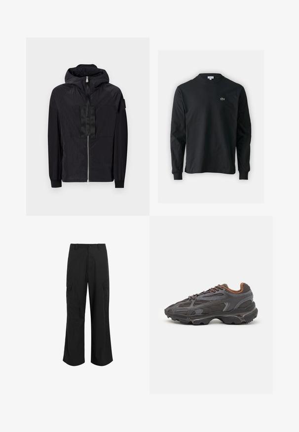Crna jakna napravljena od lagane tkanine ima zip zatvaranje sprijeda, podesivu kapuljaču i teksturirani dizajn s kontrastnim panelom na prsima.; Crna majica dugih rukava od pamuka, s okruglim izrezom i malim zelenim izvezenim logotipom krokodila s lijeve strane prsnog dijela.; Crne cargo hlače napravljene od lagane tkanine, s opuštenim krojem, dva velika bočna džepa i kopčanjem na dugme.; Lacoste tenisice u tamno sivoj boji s mrežastim i sintetičkim materijalom, s teksturiranom potplatom i smešnim akcentima na ovratniku i brandiranju.