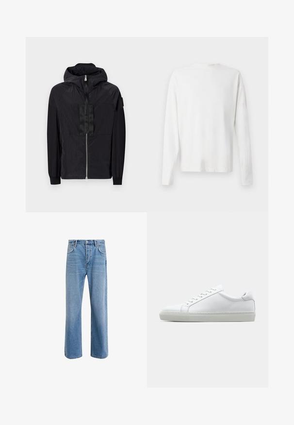 Black jacket made of lightweight fabric features a zip front, adjustable hood, and textured design with contrasting panel on the chest.; Long-sleeved white cotton shirt with a round neckline, side slits at the bottom, and a smooth texture, displayed from the back.; Light blue denim jeans with a straight-leg design, five pockets, button closure, minimal fading, and contrasting stitching details.; White sneaker with a smooth leather upper and a low profile. Features a rounded toe, six eyelets, and a textured rubber sole.