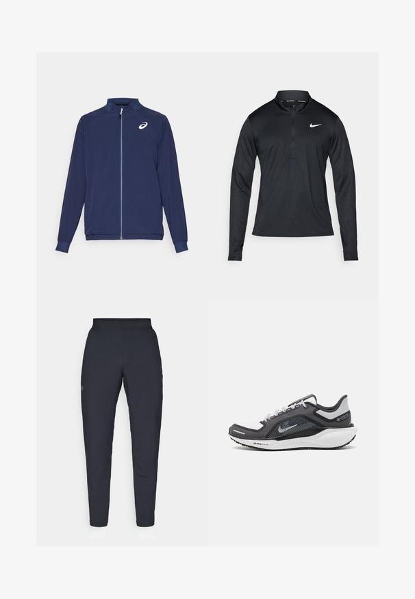 Mørkeblå treningsjakke med lange ermer, frontglidelås og ståkrage. Har en hvit logo på venstre bryst. Laget av lett materiale.; Svart langermet treningsskjorte med halv glidelås i kragen, laget av glatt stoff, med en hvit Nike-logo på venstre bryst.; Sorte treningbukser med glatt tekstur, smal passform, elastisk midjebånd og sidelommer. Har en liten logo på venstre lår.; Svart og grå atletisk sko med mesh-overdel, refleksdetaljer og hvit mellomsåle. Har strukturert gummisåle og lisser.