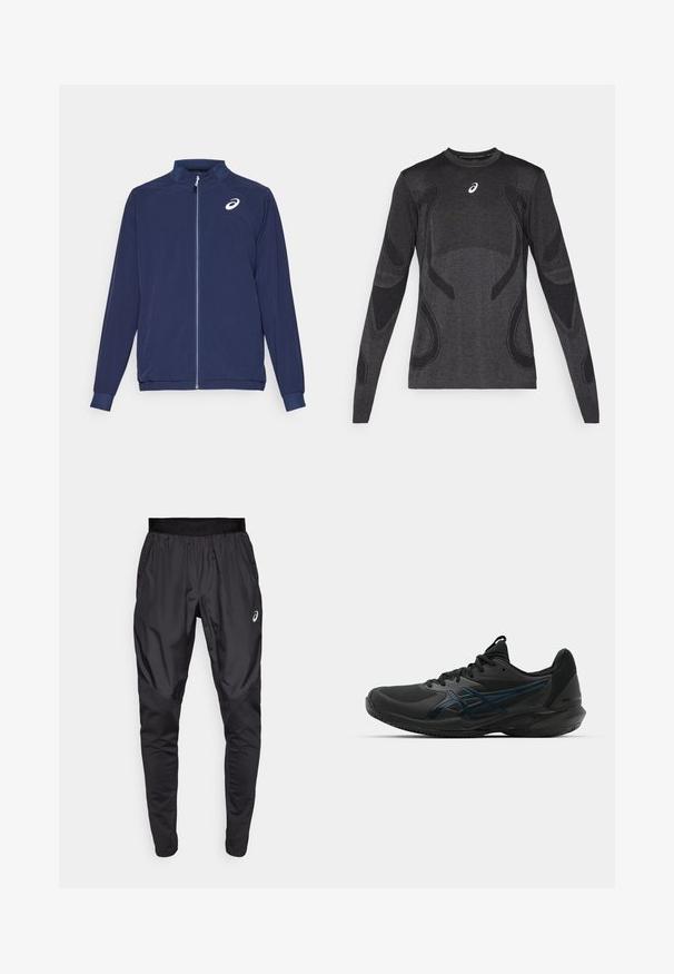 Marineblaues Sportjackett mit langen Ärmeln, Reißverschluss vorne und Stehkragen. Verfügt über ein weißes Logo auf der linken Brust. Hergestellt aus leichtem Material.; Langärmliges Sportoberteil in Dunkelgrau mit strukturierten Designelementen in Hellgrau. Rundhalsausschnitt mit Logo auf der Brust.; Schwarze Sporthosen mit einem dehnbaren Bund, Seitentaschen und kontrastierenden Texturpanelen an den Beinen. Asics-Logo an der Hüfte.; ASICS SOLUTION SPEED FF 3 CLAY - Tennisschuh für Sandplätze - black/prism blue