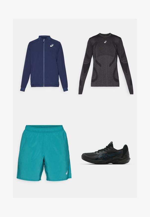 Navy blue athletic jacket with long sleeves, front zipper, and a stand collar. Features a white logo on the left chest. Made of lightweight material.; Long-sleeved athletic top in dark gray, featuring textured design accents in a lighter gray. Crew neckline with logo on the chest.; Turquoise athletic shorts with an elastic waistband, side seam pockets, and a reflective logo on the lower right leg. Smooth, lightweight fabric.; ASICS SOLUTION SPEED FF 3 CLAY - Clay court tennis shoes - black/prism blue