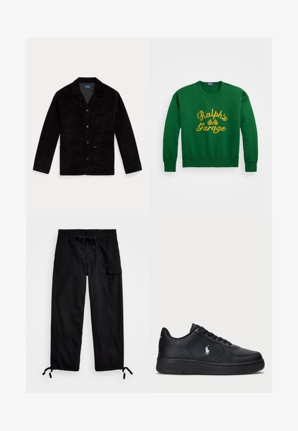 Black corduroy jacket with a pointed collar, front buttons, a chest pocket, and two lower pockets. Smooth texture and classic design.; Green sweatshirt with a rounded neckline, featuring yellow embroidered text "Ralph’s Garage" and checkered flag details. Cotton blend material.; Black cargo pants with elastic waistband and drawstring. Features side pockets and adjustable cuffs with toggles. Made of lightweight fabric.; Black leather sneakers with a perforated design, flat lace-up closure, and a white embroidered logo on the side. Thick black rubber sole.