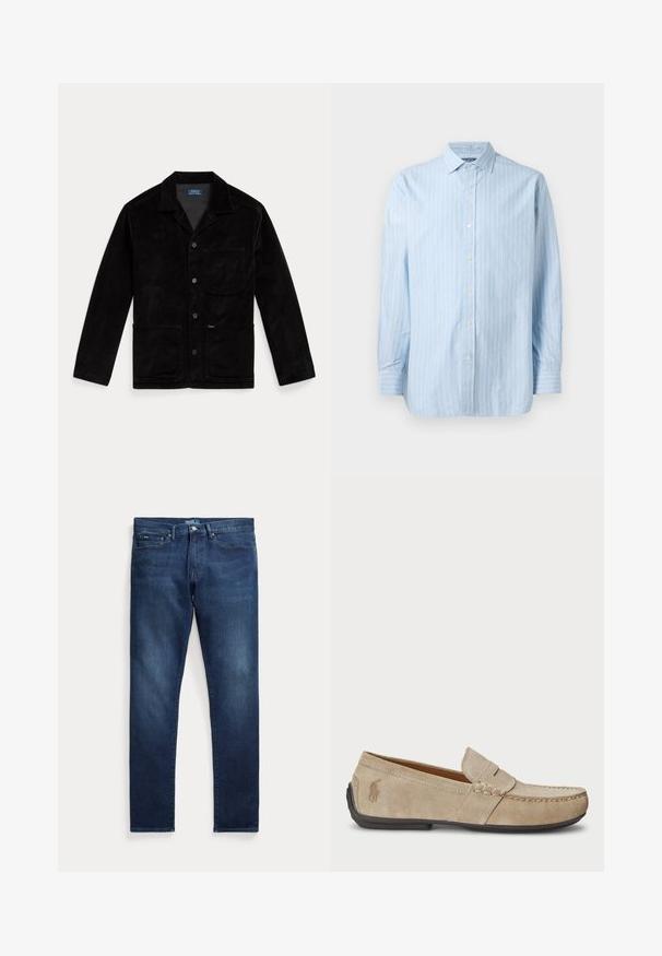 Casaco de cabelo de corduroy preto com colarinho pontiagudo, botões frontais, um bolso no peito e dois bolsos inferiores. Textura suave e design clássico.; Camisa de manga longa azul-claro com riscas verticais brancas, colarinho type button-down, e botões à frente. Tecido de algodão texturizado.; Calças de ganga azul escura com corte de perna reta, com cinco bolsos, fecho de botão e ligeiro desgaste próximo às coxas.; Mocassins de camurça beiges com um detalhe costurado, sola de borracha plana e um pequeno logotipo de lado. Design clássico de calçar, textura suave.
