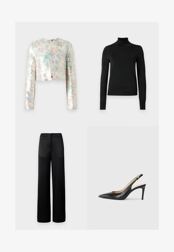 Izrezana jakna dugih rukava s cvjetnim uzorkom u pastelnim bojama i sjajnim svjetlucavim perlicama. Okrugli izrez, detalj na prednjem dijelu.; Crna dugosruga majica s rolijom i rebrastim manžetama i donjim rubom, prikazana na jednostavnoj bijeloj pozadini.; Široke crne hlače s teksturiranom površinom, s ravnim pojasom i dva bočna džepa. Tkanina djeluje lagano i lepršavo.; Crne kožne slingback visoke potpetice s šiljastim nosom, podesivim trakama i elegantnim stiletto potpeticama, s glatkom završnom obradom.