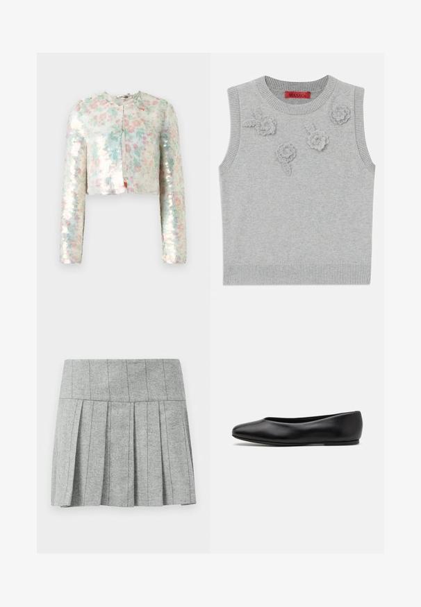Krátká bunda s dlouhými rukávy, zdobená květinovým vzorem v pastelových barvách a třpytivými flitry. Kulatý výstřih, detail předního zapínání.; Svetle šedý bezrukávový svetr s ribovaným výstřihem a lemem. Na přední straně jsou tři texturované květinové aplikace. Značka: MAX&Co.; Šedá plisovaná sukně vyrobená z látky s rybí kostrou; má strukturovaný pas a rovný střih na spodní části.; Paul Smith TOPANGA - Klasické baleríny - black